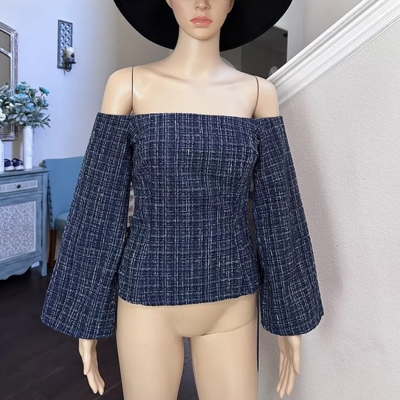 Zara Blue Tweed Textured Off the Shoulder Top - Picture 6 of 9